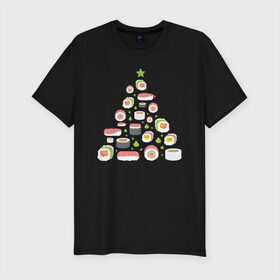 Мужская футболка хлопок Slim с принтом Новогодняя елка из суши , 92% хлопок, 8% лайкра | приталенный силуэт, круглый вырез ворота, длина до линии бедра, короткий рукав | christmas | claus | new year | nigiri | santa | stars | sushi | tree | волшебство | дед мороз | дерево | ель | звезда | клаус | настроение | нигири | новогодняя | подарки | рождественская | рождественское | санта | сашими