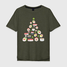Мужская футболка хлопок Oversize с принтом Новогодняя елка из суши , 100% хлопок | свободный крой, круглый ворот, “спинка” длиннее передней части | christmas | claus | new year | nigiri | santa | stars | sushi | tree | волшебство | дед мороз | дерево | ель | звезда | клаус | настроение | нигири | новогодняя | подарки | рождественская | рождественское | санта | сашими