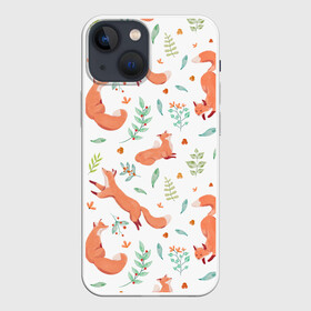 Чехол для iPhone 13 mini с принтом Акварельные лисички ,  |  | art | autumn | cute | pattern | winter | акварель | арт | арты | бежит | живопись | животные | зима | иллюстрация | лиса | лисица | лисы | милая | нарисованная | осень | охотник | пастель | паттерн | прыгает | пушистая
