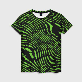 Женская футболка 3D с принтом Зебра , 100% полиэфир ( синтетическое хлопкоподобное полотно) | прямой крой, круглый вырез горловины, длина до линии бедер | green | green lines | green neon | green neon lines | green zebra | lines | zebra | в полоску | зебра | зеленая зебра | зелёные полосы | зелёный | зелёный неон | полоски | полосы