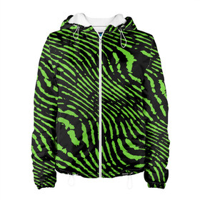 Женская куртка 3D с принтом Зебра , ткань верха — 100% полиэстер, подклад — флис | прямой крой, подол и капюшон оформлены резинкой с фиксаторами, два кармана без застежек по бокам, один большой потайной карман на груди. Карман на груди застегивается на липучку | green | green lines | green neon | green neon lines | green zebra | lines | zebra | в полоску | зебра | зеленая зебра | зелёные полосы | зелёный | зелёный неон | полоски | полосы