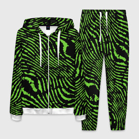 Мужской костюм 3D с принтом Зебра , 100% полиэстер | Манжеты и пояс оформлены тканевой резинкой, двухслойный капюшон со шнурком для регулировки, карманы спереди | green | green lines | green neon | green neon lines | green zebra | lines | zebra | в полоску | зебра | зеленая зебра | зелёные полосы | зелёный | зелёный неон | полоски | полосы