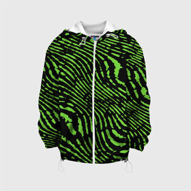Детская куртка 3D с принтом Зебра , 100% полиэстер | застежка — молния, подол и капюшон оформлены резинкой с фиксаторами, по бокам — два кармана без застежек, один потайной карман на груди, плотность верхнего слоя — 90 г/м2; плотность флисового подклада — 260 г/м2 | green | green lines | green neon | green neon lines | green zebra | lines | zebra | в полоску | зебра | зеленая зебра | зелёные полосы | зелёный | зелёный неон | полоски | полосы