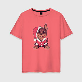 Женская футболка хлопок Oversize с принтом Рождественский щенок , 100% хлопок | свободный крой, круглый ворот, спущенный рукав, длина до линии бедер
 | 
