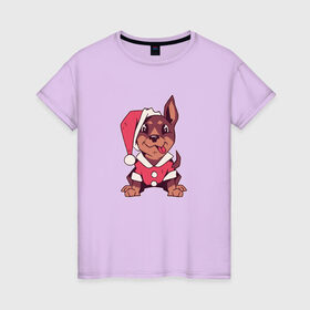 Женская футболка хлопок с принтом Рождественский щенок , 100% хлопок | прямой крой, круглый вырез горловины, длина до линии бедер, слегка спущенное плечо | 
