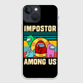 Чехол для iPhone 13 mini с принтом Among Us IMPOSTOR ,  |  | art | game | impostor | meme | parody | retro | shh | sus | there is 1 | there is impostor among us | vintage | арт | винтаж | игра | иллюстрация | кнопка | мем | мемы | пародия | подозрительный | предатель среди нас | разноцветные космонавты |