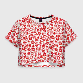 Женская футболка Crop-top 3D с принтом Рождественский паттерн , 100% полиэстер | круглая горловина, длина футболки до линии талии, рукава с отворотами | 