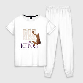 Женская пижама хлопок с принтом God Bless The King , 100% хлопок | брюки и футболка прямого кроя, без карманов, на брюках мягкая резинка на поясе и по низу штанин | 23 | anthony davis | basketball | bryant | game | james | kobe | lebron | los angeles | nba | sport | баскетбол | брайант | бровь | джеймс | калифорния | коби | король | леброн | лейкерс | лос анджелес | нба | спорт | тренер | чемпио