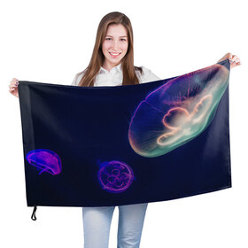 Флаг 3D с принтом Фантастическая медуза , 100% полиэстер | плотность ткани — 95 г/м2, размер — 67 х 109 см. Принт наносится с одной стороны | медуза | медуза в море | морская медуза | плавающая медуза | светящаяся медуза