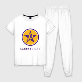 Женская пижама хлопок с принтом Lakers Stars , 100% хлопок | брюки и футболка прямого кроя, без карманов, на брюках мягкая резинка на поясе и по низу штанин | 23 | anthony davis | basketball | bryant | game | james | kobe | lebron | los angeles | nba | sport | баскетбол | брайант | бровь | джеймс | калифорния | коби | король | леброн | лейкерс | лос анджелес | нба | спорт | тренер | чемпио