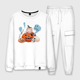 Мужской костюм хлопок с принтом Mishka phantoms and pumpkins , 100% хлопок | на свитшоте круглая горловина, мягкая резинка по низу. Брюки заужены к низу, на них два вида карманов: два “обычных” по бокам и два объемных, с клапанами, расположенные ниже линии бедра. Брюки с мягкой трикотажной резинкой на поясе и по низу штанин. В поясе для дополнительного комфорта — широкие завязки | Тематика изображения на принте: bear | halloween | hallowen | halowen | helloween | mishka | phantom | phantoms | pumpkin | pumpkins | день всех святых | медведь | медвежонок | мишка | приведение | тыква | тыквы | фантомы | халовен | халовин | хеллуин