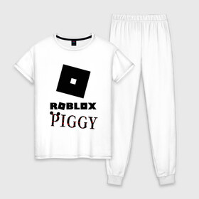 Женская пижама хлопок с принтом ROBLOX PIGGY , 100% хлопок | брюки и футболка прямого кроя, без карманов, на брюках мягкая резинка на поясе и по низу штанин | 