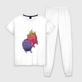 Женская пижама хлопок с принтом Смородинки , 100% хлопок | брюки и футболка прямого кроя, без карманов, на брюках мягкая резинка на поясе и по низу штанин | арт | красная смородина | мило | милота | рисунок | свежая ягода | свежие ягоды | свежий продукт | смородина | чёрная смородина | ягода | ягоды