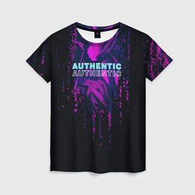 Женская футболка 3D с принтом AUTHENTIC , 100% полиэфир ( синтетическое хлопкоподобное полотно) | прямой крой, круглый вырез горловины, длина до линии бедер | abstraction | authentic | абстракция | аутентичный | брызги | надпись на английском | прикольная надпись | разводы | текстура | узор | фиолетовый