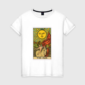 Женская футболка хлопок с принтом Аркан Солнце , 100% хлопок | прямой крой, круглый вырез горловины, длина до линии бедер, слегка спущенное плечо | аркан | духовность | знания | мистика | оккультныезнаки | символы | солнце | старший | тайные | таро | эзотерика