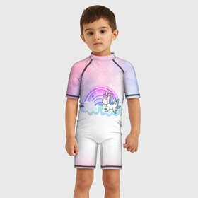 Детский купальный костюм 3D с принтом Единорог , Полиэстер 85%, Спандекс 15% | застежка на молнии на спине | unikorn | единорог | единорожка | конь | облачко | радуга | рог | цветной