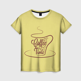 Женская футболка 3D с принтом Время пить кофе , 100% полиэфир ( синтетическое хлопкоподобное полотно) | прямой крой, круглый вырез горловины, длина до линии бедер | время кофе | кофе | кофейная тема | кофейное настроение | настроение. | позитив | узоры