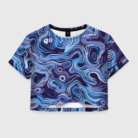 Женская футболка Crop-top 3D с принтом Синие линии , 100% полиэстер | круглая горловина, длина футболки до линии талии, рукава с отворотами | abstract | flow | lines | paint | space | абстракция | движение | космос | краска | линии | пятна | синий | течение | фиолетовый