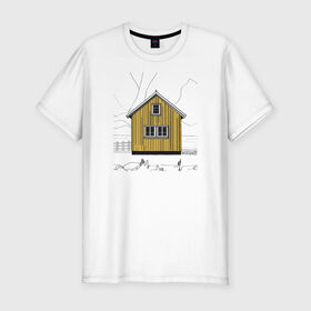 Мужская футболка хлопок Slim с принтом Яркий домик Исландии , 92% хлопок, 8% лайкра | приталенный силуэт, круглый вырез ворота, длина до линии бедра, короткий рукав | дерево | дом | желтый | зима | исландия | остров | природа