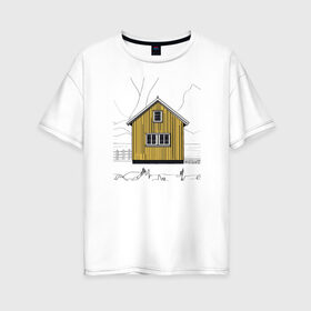 Женская футболка хлопок Oversize с принтом Яркий домик Исландии , 100% хлопок | свободный крой, круглый ворот, спущенный рукав, длина до линии бедер
 | дерево | дом | желтый | зима | исландия | остров | природа