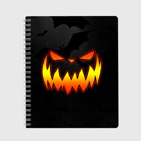 Тетрадь с принтом Pumpkin smile and bats , 100% бумага | 48 листов, плотность листов — 60 г/м2, плотность картонной обложки — 250 г/м2. Листы скреплены сбоку удобной пружинной спиралью. Уголки страниц и обложки скругленные. Цвет линий — светло-серый
 | 2020 | bat | bats | face | halloween | mask | nightmare | pumpkin | scary | smile | smiling | летучая | лицо | маска | мыши | мышь | привидение | страшная | тыква | улыбка | хэлоуин