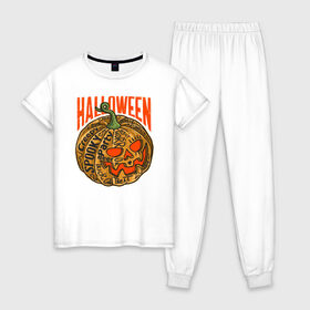 Женская пижама хлопок с принтом Halloween тыква , 100% хлопок | брюки и футболка прямого кроя, без карманов, на брюках мягкая резинка на поясе и по низу штанин | blood | diablo | haloween | horror | дьявол | зомби | кости | кровь | мозги | мясо | страшилка | ужасы | хеллоуин | хелоуин