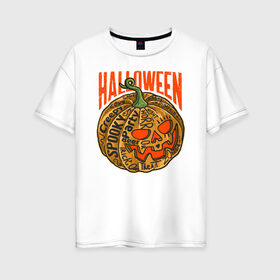 Женская футболка хлопок Oversize с принтом Halloween тыква , 100% хлопок | свободный крой, круглый ворот, спущенный рукав, длина до линии бедер
 | blood | diablo | haloween | horror | дьявол | зомби | кости | кровь | мозги | мясо | страшилка | ужасы | хеллоуин | хелоуин