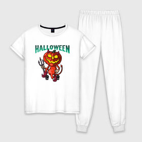 Женская пижама хлопок с принтом Halloween , 100% хлопок | брюки и футболка прямого кроя, без карманов, на брюках мягкая резинка на поясе и по низу штанин | blood | diablo | haloween | horror | дьявол | зомби | кости | кровь | мозги | мясо | страшилка | ужасы | хеллоуин | хелоуин