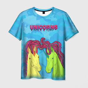 Мужская футболка 3D с принтом Colored unicorns , 100% полиэфир | прямой крой, круглый вырез горловины, длина до линии бедер | 