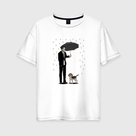 Женская футболка хлопок Oversize с принтом Под дождем , 100% хлопок | свободный крой, круглый ворот, спущенный рукав, длина до линии бедер
 | beagle | бигль | джон уикместь | дождь | забота | защита животных | зонт | киану ривз | охрана | собака