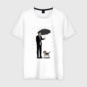 Мужская футболка хлопок с принтом Под дождем , 100% хлопок | прямой крой, круглый вырез горловины, длина до линии бедер, слегка спущенное плечо. | Тематика изображения на принте: beagle | бигль | джон уикместь | дождь | забота | защита животных | зонт | киану ривз | охрана | собака
