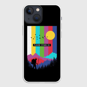 Чехол для iPhone 13 mini с принтом ПОЖАЛУЙСТА, ПОДОЖДИТЕ ,  |  | Тематика изображения на принте: горы | прикольная надпись | путешествие | солнце