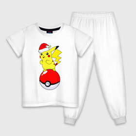 Детская пижама хлопок с принтом Новогодний Пикачу , 100% хлопок |  брюки и футболка прямого кроя, без карманов, на брюках мягкая резинка на поясе и по низу штанин
 | baby | kawaii | new year | pika pika | pikachu | pokeball | pokemon | pokemon go | team | детям | зверек | зима | зимний | иви | кавайный | колпак | кот | малыш | мордочка | новогодний | новый год | пика пика | пикачу | покеболл | покемон го