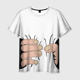Мужская футболка 3D с принтом Hand , 100% полиэфир | прямой крой, круглый вырез горловины, длина до линии бедер | Тематика изображения на принте: hand | иллюстрация | обхват | прикол | руки | сжал | сжатие | юмор