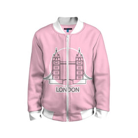 Детский бомбер 3D с принтом Лондон London Tower bridge , 100% полиэстер | застегивается на молнию, по бокам два кармана без застежек, мягкие манжеты, по низу бомбера и на воротнике — эластичная резинка | bridge | england | english | gb | london | tower | uk | английский | англия | башни | великобритания | закат | иконка | лайнарт | лондон | мост | надпись | розовый круг | слово | тауэрский | юк