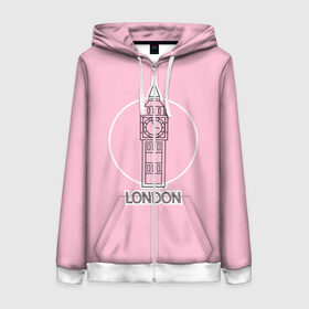 Женская толстовка 3D на молнии с принтом Биг Бен, Лондон, London , 100% полиэстер | длина до линии бедра, манжеты и пояс оформлены мягкой тканевой резинкой, двухслойный капюшон со шнурком для регулировки, спереди молния, по бокам два кармана | big ben | clock | england | europe | london | pink | travel | англия | башня | башня елизаветы | биг бен | великобритания | европа | иконка | круг | лондон | надпись | путешествия | розовый | символ | часы