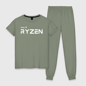 Женская пижама хлопок с принтом Kuku Ryzen , 100% хлопок | брюки и футболка прямого кроя, без карманов, на брюках мягкая резинка на поясе и по низу штанин | amd | amd ryzen | cpu | intel | kukuryzen | radeon | ryzen | zen | кукурузен | процессор | райзен | рузен | рязань | цпу