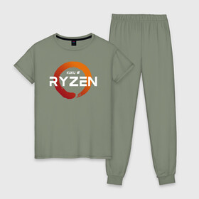 Женская пижама хлопок с принтом Kuku Ryzen v.2 , 100% хлопок | брюки и футболка прямого кроя, без карманов, на брюках мягкая резинка на поясе и по низу штанин | amd | amd ryzen | cpu | intel | kukuryzen | radeon | ryzen | zen | кукурузен | процессор | райзен | рузен | рязань | цпу