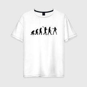 Женская футболка хлопок Oversize с принтом Эволюция. , 100% хлопок | свободный крой, круглый ворот, спущенный рукав, длина до линии бедер
 | баба | девишник | девочка | девушка | деградация | женщина | каблуки | люди | мужик | мужчина | обезьяна | пацан | подругам | прикол | приматы | рисунок | рука | силуэт | силуэты | стоп | феминизм