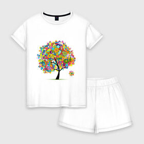Женская пижама с шортиками хлопок с принтом Flower tree , 100% хлопок | футболка прямого кроя, шорты свободные с широкой мягкой резинкой | девушкам | дерево | зелень | листок | орнамент | цветы