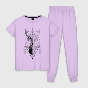 Женская пижама хлопок с принтом Polygonal deer , 100% хлопок | брюки и футболка прямого кроя, без карманов, на брюках мягкая резинка на поясе и по низу штанин | animals | black | circles | deer | drawing | forest | geometric | low poly | poly | silhouette | tattoo | triangles | wild | белый | геометрический | дикий | животные | звери | зверь | контур | круги | лес | лесной | мужской | олени | олень | полигональны