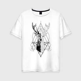 Женская футболка хлопок Oversize с принтом Polygonal deer , 100% хлопок | свободный крой, круглый ворот, спущенный рукав, длина до линии бедер
 | animals | black | circles | deer | drawing | forest | geometric | low poly | poly | silhouette | tattoo | triangles | wild | белый | геометрический | дикий | животные | звери | зверь | контур | круги | лес | лесной | мужской | олени | олень | полигональны