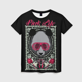 Женская футболка 3D с принтом Розовая жизнь , 100% полиэфир ( синтетическое хлопкоподобное полотно) | прямой крой, круглый вырез горловины, длина до линии бедер | голова медведя. | голова панды | медведи | орнамент | панда | панда в розовых очках | розовая жизнь | розовый стиль | розы