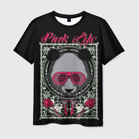 Мужская футболка 3D с принтом Розовая жизнь , 100% полиэфир | прямой крой, круглый вырез горловины, длина до линии бедер | Тематика изображения на принте: голова медведя. | голова панды | медведи | орнамент | панда | панда в розовых очках | розовая жизнь | розовый стиль | розы