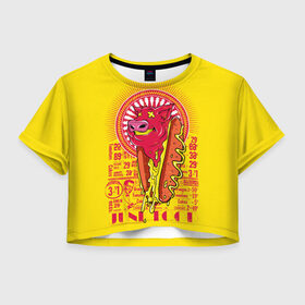 Женская футболка Crop-top 3D с принтом Свиной фаст фуд , 100% полиэстер | круглая горловина, длина футболки до линии талии, рукава с отворотами | бутерброд | гамбургеры | голова свиньи. | еда | свинина | свинья | фаст фуд