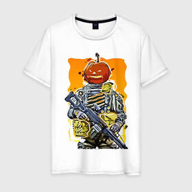 Мужская футболка хлопок с принтом Хэллоуин Калибр , 100% хлопок | прямой крой, круглый вырез горловины, длина до линии бедер, слегка спущенное плечо. | калибр | солдат | тыква | хэллоуин