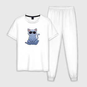 Мужская пижама хлопок с принтом Blue Cat , 100% хлопок | брюки и футболка прямого кроя, без карманов, на брюках мягкая резинка на поясе и по низу штанин
 | домашний | животные | звери | киса | киска | кот | котенок | котэ | котя | кошка | крутой | лапочка | милый | мимими | модный | очки | синий | хороший