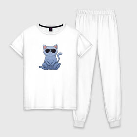 Женская пижама хлопок с принтом Blue Cat , 100% хлопок | брюки и футболка прямого кроя, без карманов, на брюках мягкая резинка на поясе и по низу штанин | домашний | животные | звери | киса | киска | кот | котенок | котэ | котя | кошка | крутой | лапочка | милый | мимими | модный | очки | синий | хороший