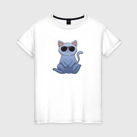 Женская футболка хлопок с принтом Blue Cat , 100% хлопок | прямой крой, круглый вырез горловины, длина до линии бедер, слегка спущенное плечо | домашний | животные | звери | киса | киска | кот | котенок | котэ | котя | кошка | крутой | лапочка | милый | мимими | модный | очки | синий | хороший