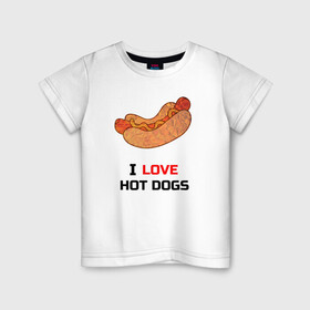 Детская футболка хлопок с принтом Love HOT DOGS , 100% хлопок | круглый вырез горловины, полуприлегающий силуэт, длина до линии бедер | Тематика изображения на принте: еда | люблю | питание | сосиска | хот дог